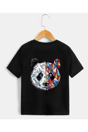 Çocuk Unisex Oversize Siyah Geometrik Panda Baskılı T-shirt geopanda-