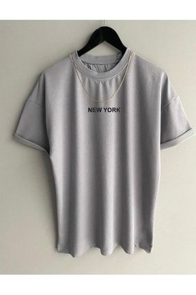 Gri New York Baskılı Bisiklet Yaka Oversize T-shirt NY4343
