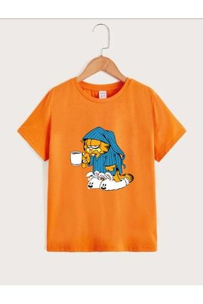 Çocuk Unisex Oversize Turuncu Garfield Baskılı T-shirt garfield-