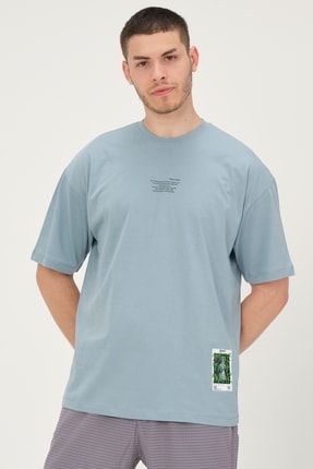 Erkek Ice Mavi Oversize Fit Bisiklet Yaka Baskılı %100 Pamuk T-shirt RF0252
