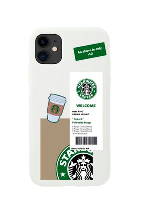 Iphone 11 Kahve Sticker Desenli Tasarımlı Beyaz Telefon Kılıfı BCIPH11STARBUKS