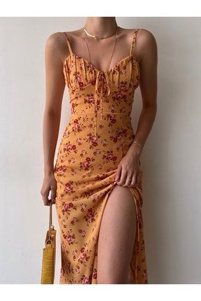 Askılı Midi Boy Göğüsü Drapeli Çiçek Desenli Yırtmaçlı Kadın Hardal Elbise mk822