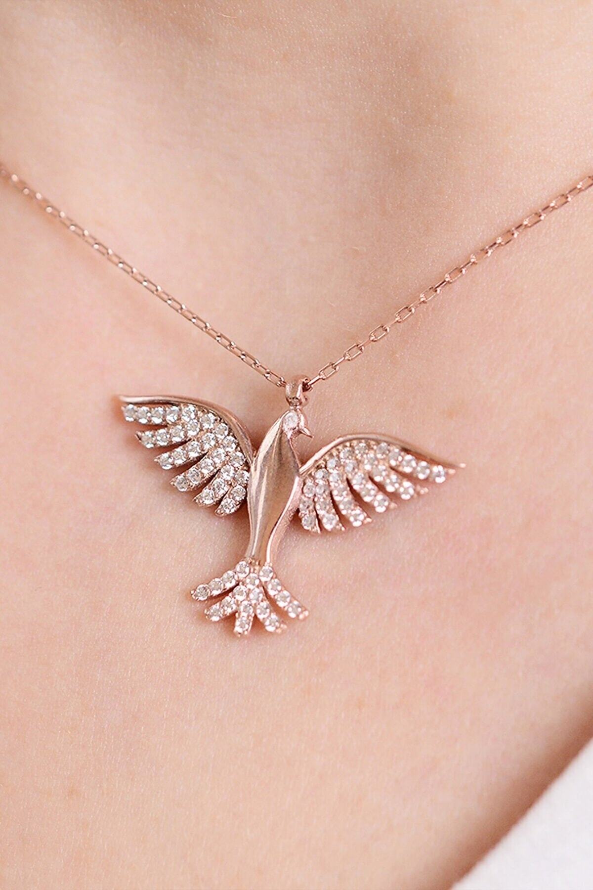 Anka Kuşu Beyaz Taşlı 14 K Rose Gold Kaplama Kadın Kolye 3