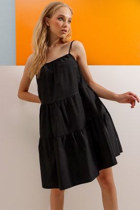 Kadın Siyah Ayarlanabilir Askılı Poplin Dokuma Elbise ALC-X8942