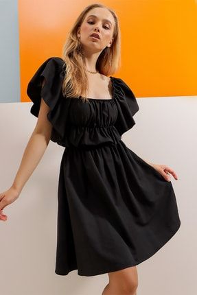 Kadın Siyah Kare Yaka Önü Büzgülü Kolları Volanlı Poplin Dokuma Elbise ALC-X8941