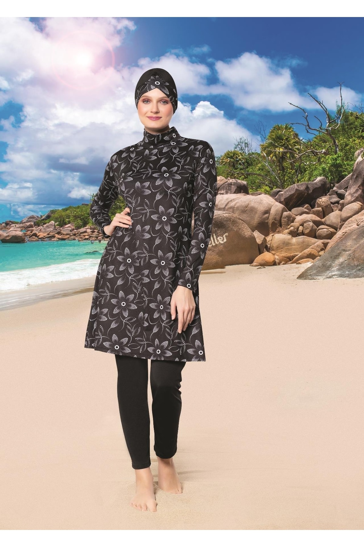 Ruko 22121-2 women's Black Lycra Modest Swimwear