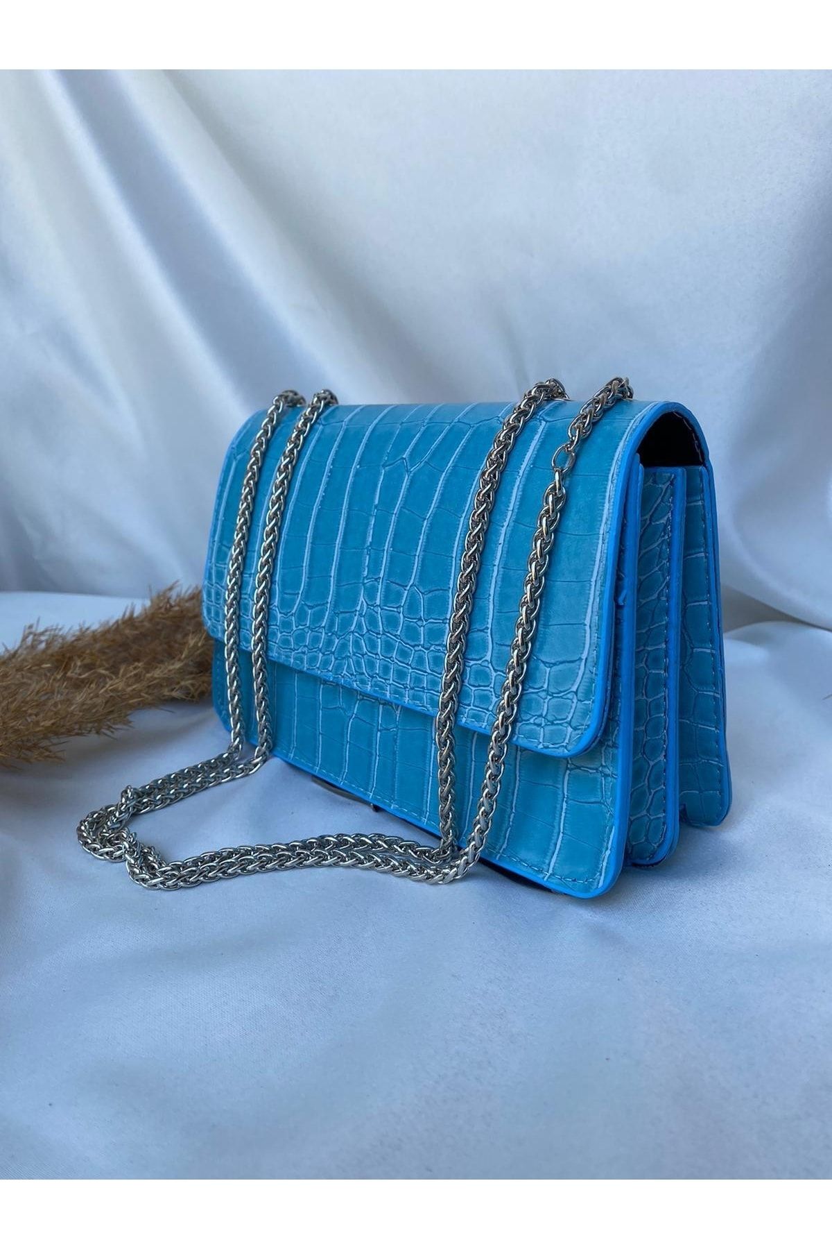melecco Light Blue Baby Blue Women s Chain Quilted Crocodile Patterned Bag Stylish Bag