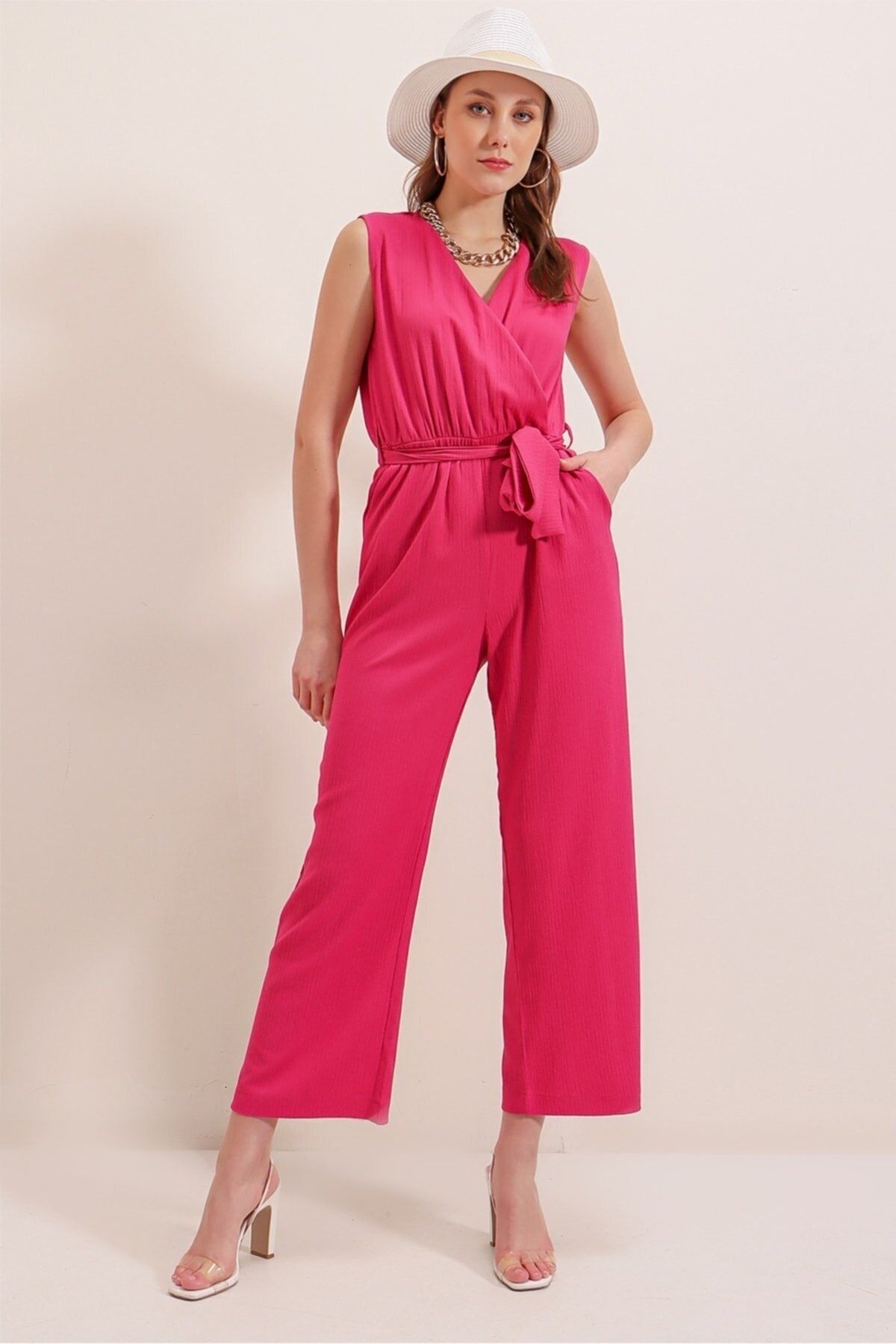 MEECY Women s Dark Pink Wrap Jumpsuit with Belted Waist