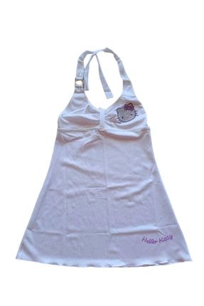 Hello Kitty'li Etekli Beyaz Kız Çocuk Plaj Elbisesi 988