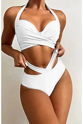 Özel Tasarım Detseksiz Kaplı Çapraz Beyaz Bikini Takım EZR887