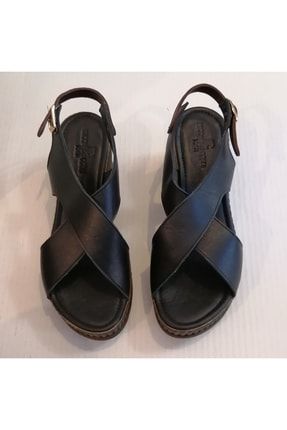 Kadın Deri Siyah Yumuşak Çapraz Bantlı Bilekten Tokalı Dolgu Topuklu Sandalet 5572005