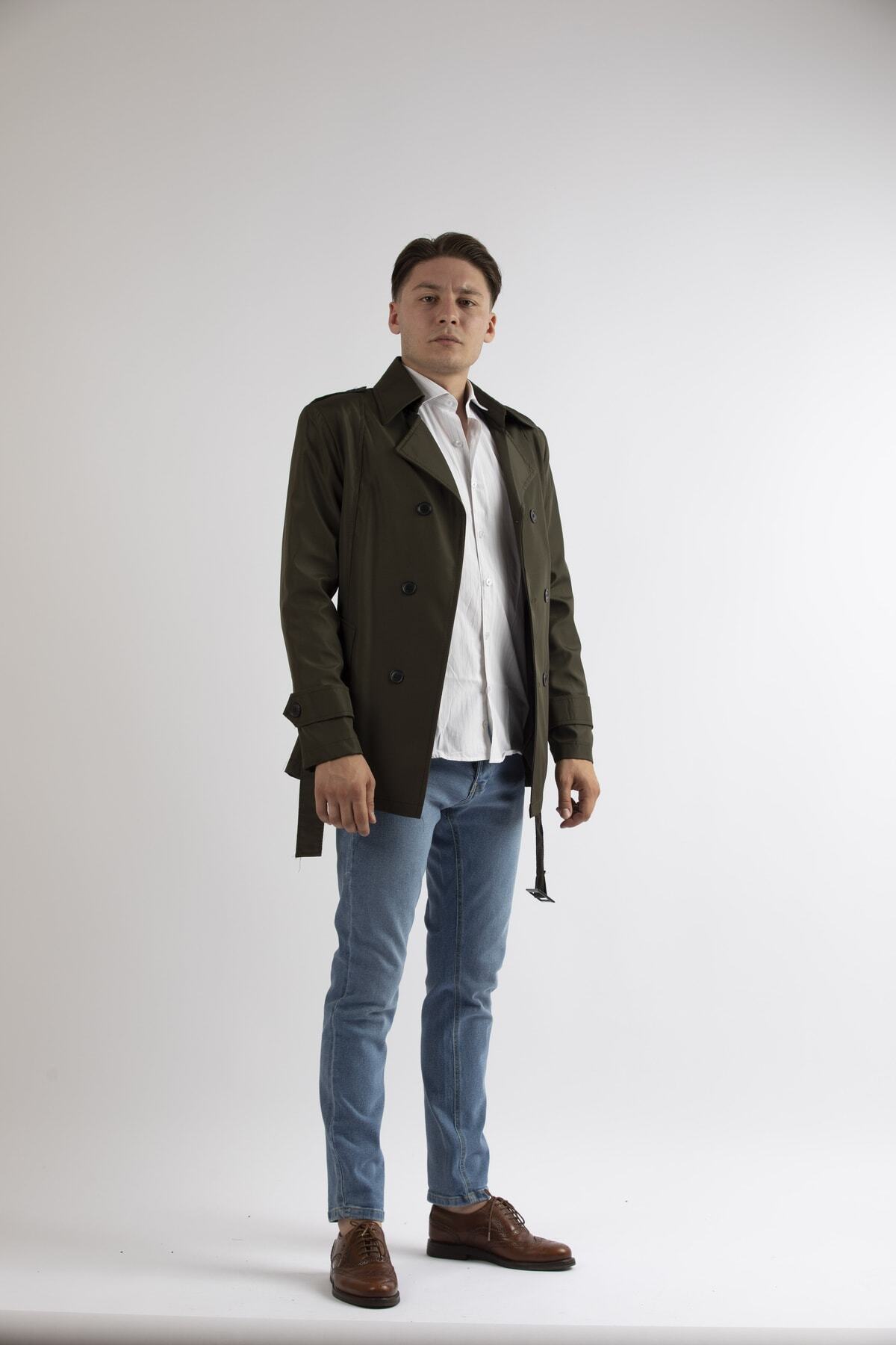 MASERTO Erkek Haki Slim Fit Kısa Model Trençkot görsel 3