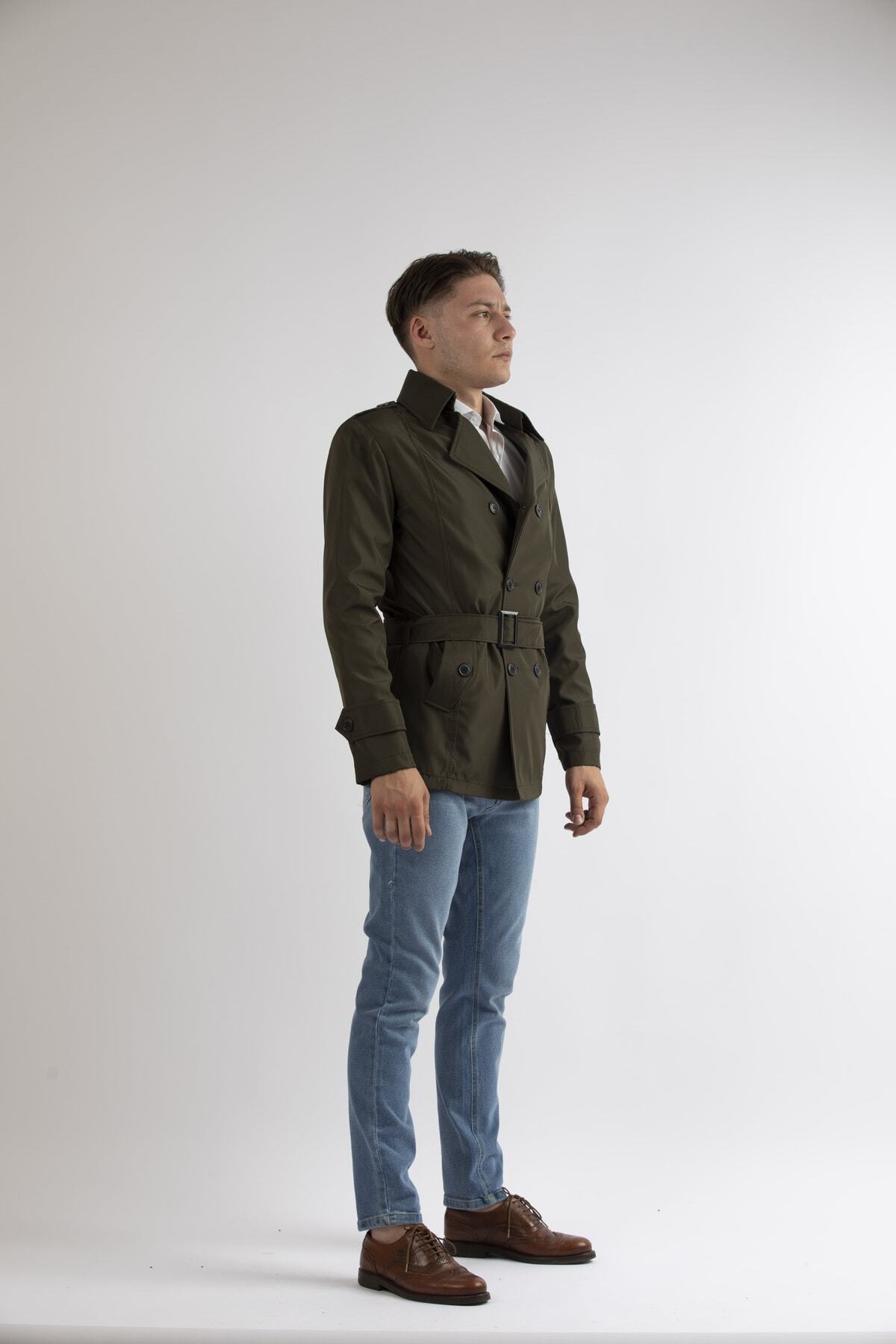 MASERTO Erkek Haki Slim Fit Kısa Model Trençkot görsel 4
