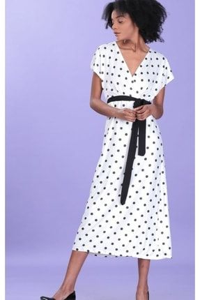 Kadın Beyaz Puantiyeli Desenli Astarlı Elbise 89191000