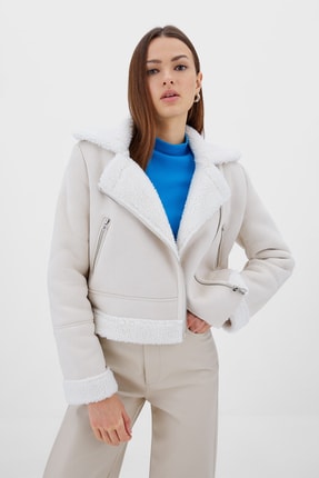 Stradivarius I&ccedil;i Suni K&uuml;rkl&uuml; Crop Fit Biker Ceket