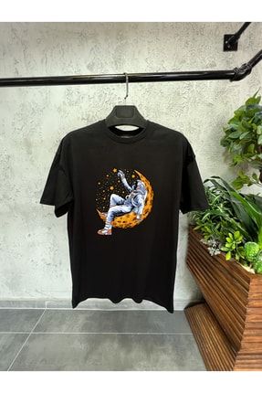 Erkek Siyah Astronot Baskılı Oversize T-shirt AYASR21412