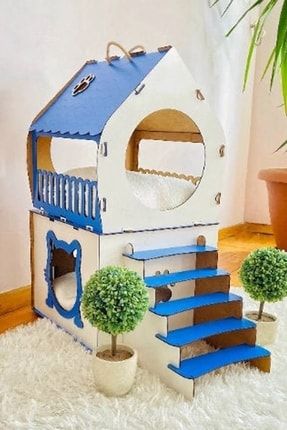 Dekoratif Kedi Evi Teraslı Dublex Mavi MAVİBEYAZ