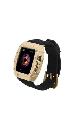 Apple Watch 7 8 45mm Uyumlu Kasalı Şık Parlak Korumalı Akıllı Saat Kordon Kayış KRD-65+45mm