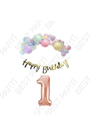 Happy Bırthday Gold Yazılı Kaligrafi Banner Makaron Balon Seti 1 Yaş Rose Gold Set Doğum Günü TPKT000003954-1