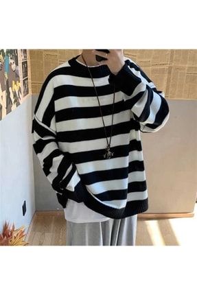 Gothic Siyah Beyaz Çizgili Streetwear Standart Unisex Oversize Kazak 038383brod