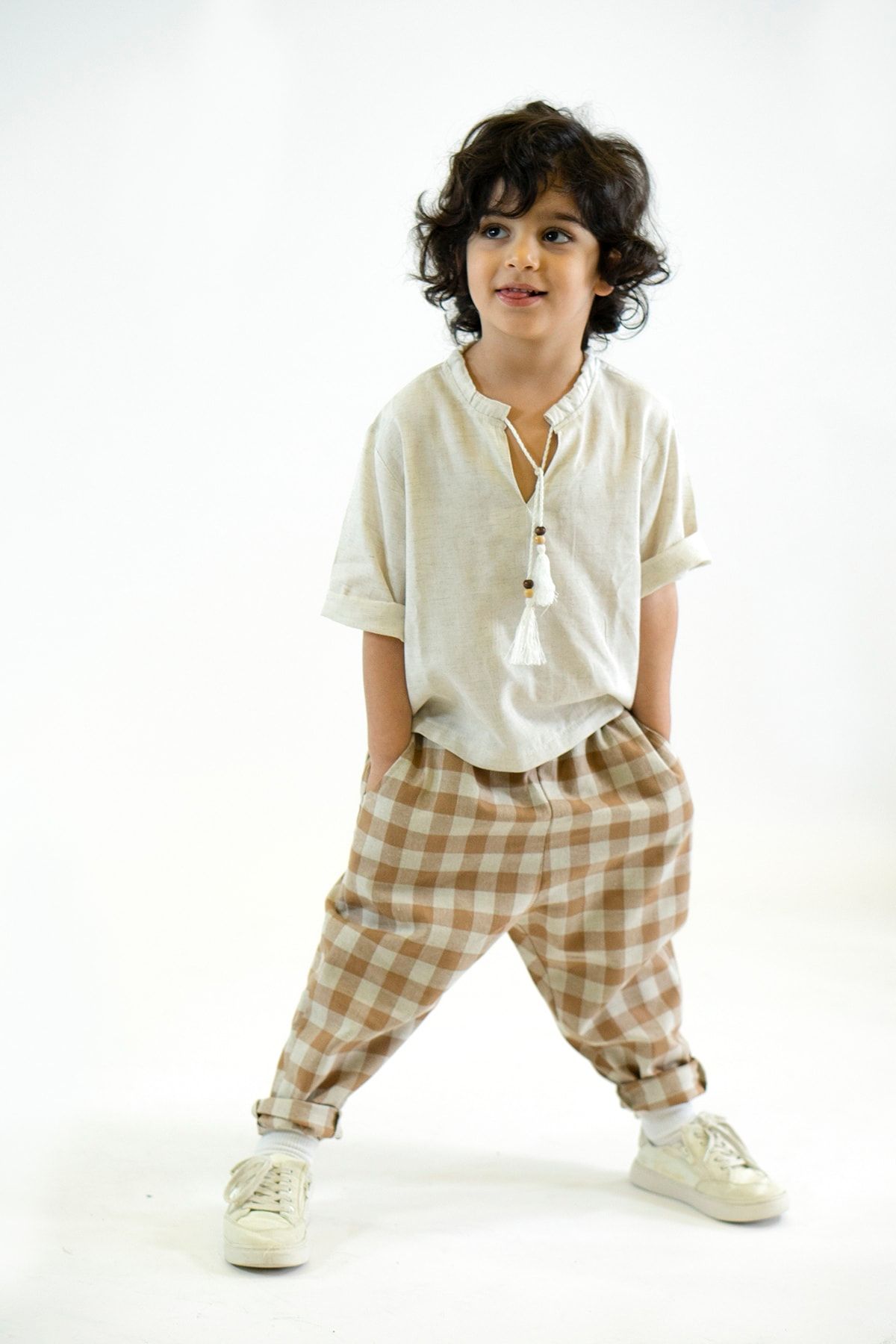 Catz Kids-Carrot Trousers Mink Cream Plaid Linen 3