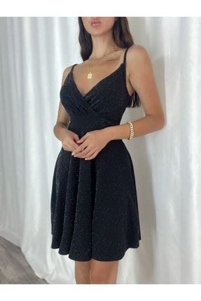 Işıltılı Esnek Siyah Krep Kumaş Kruvaze Dekolteli Yaka Askılı Mini Elbise 581746 700 DNM-670