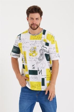 Beyaz-sarı-yeşil Erkek Geometrik Baskılı Cepli T-shirt-ckmdll01r21s CCKMDLL01
