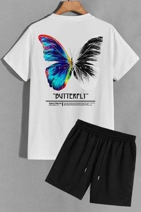 Unisex Butterfly Sırt Baskılı Şort T-shirt Eşofman Takımı TSH-BUTTERFLY-SHRT-DÜZ