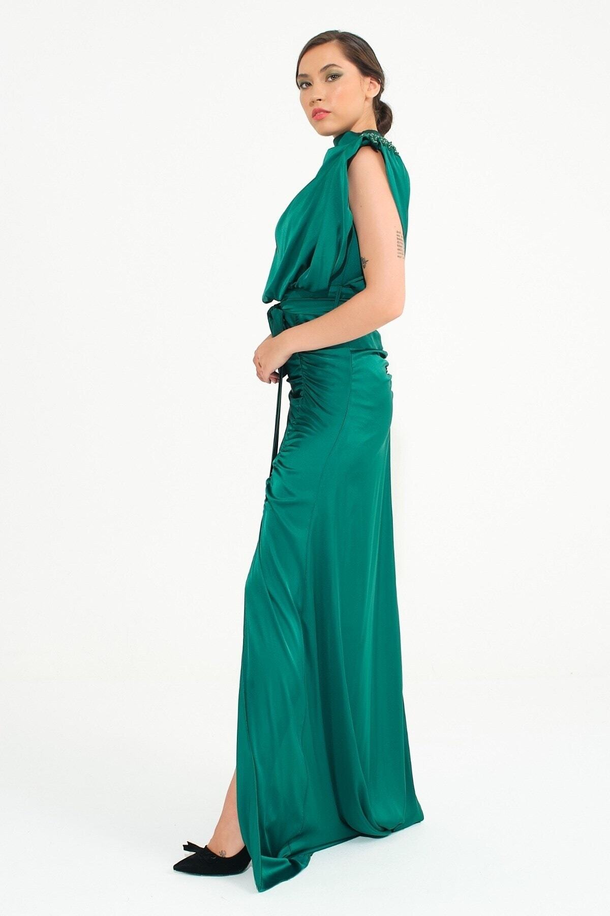 SpringStore-Emerald Degaje Collar Shoulder Beaded Evening Dress 5
