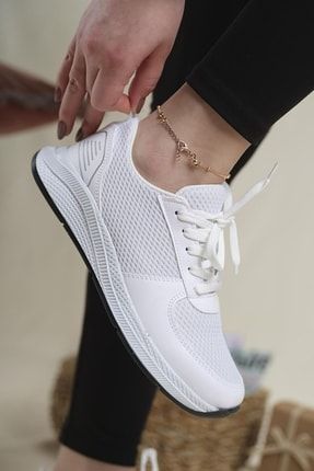 Fileli Beyaz Hafif Rahat Taban Kadın Sneaker Günlük Spor Ayakkabı OMFSGAM