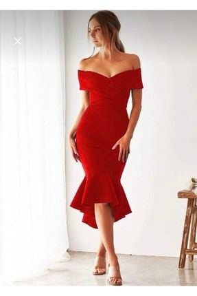 Kadın Koyu Kırmızı Çapraz Yaka Etek Ucu Volanlı Şık Elbise Nişan Elbisesi 60865/086 6085/086