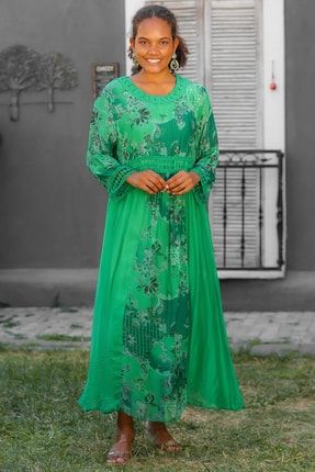 Kadın Yeşil İtalyan Yuvarlak Yaka 3/4 Kol Çiçekli Astarlı Dantelli Oversize İpek Dokuma Elbise M10160000EL92966