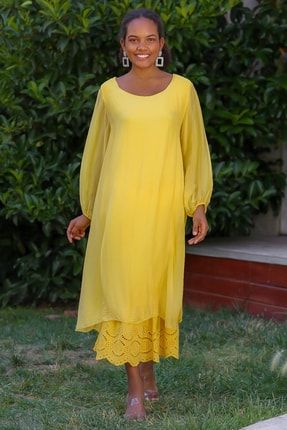 Kadın Sarı İtalyan Yuvarlak Yaka Balon Kol Astarlı Brodeli Oversize Klasik İpek Dokuma Elbise M10160000EL92981