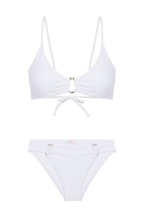 Beyaz Dokulu Aksesuarlı Üçgen Bikini Takım 210-1013