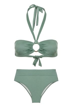 Tokalı Yeşil Çizgili Straplez Bikini Takım 296-260
