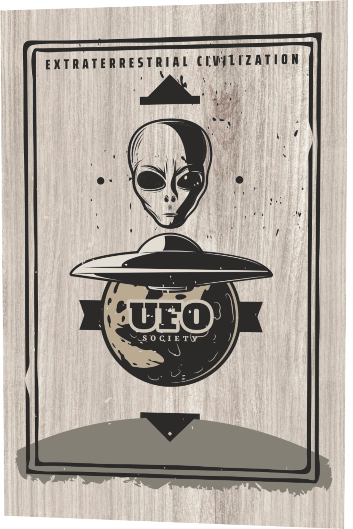 Space Exploration UFO Aliens Wooden Patterned Retro Vintage Wooden Poster on Earth