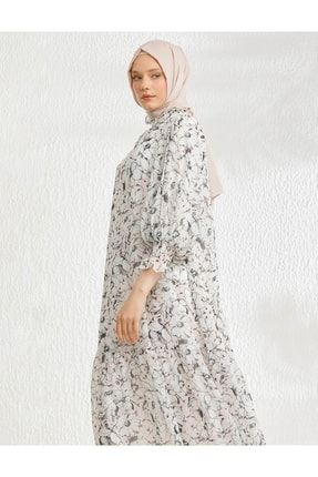 Floral Desenli Fırfır Yaka Elbise Pudra KA-B22-23098