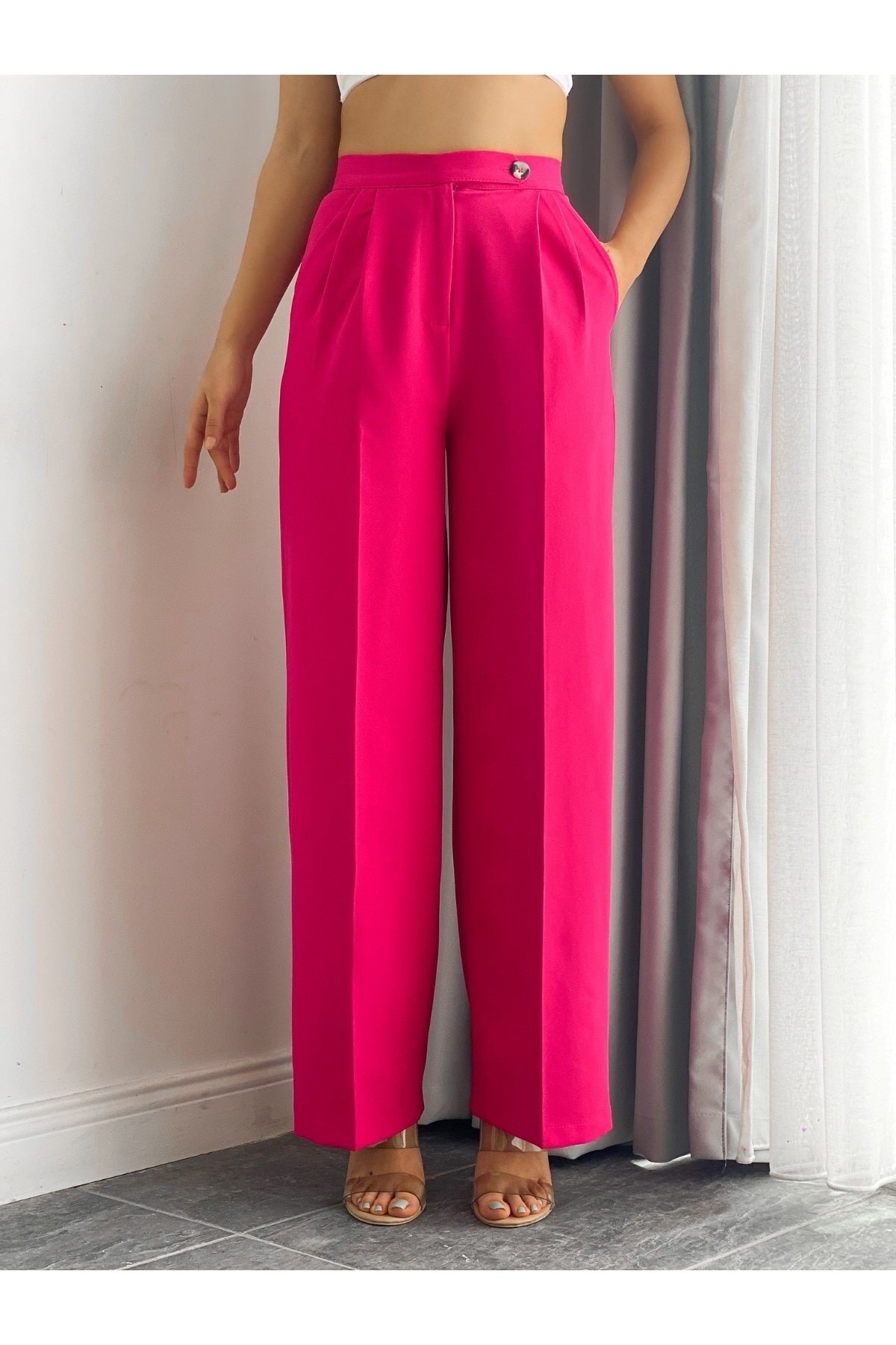 Fuchsia Palazzo Woven Fabric Pleated Pants