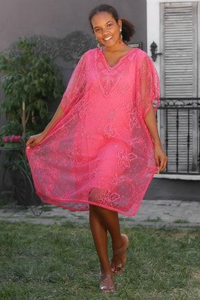 Kadın Pembe İtalyan V Yaka Yarasa Kol Astarlı Dantel Oversize Klasik Pamuk Karışımlı Dokuma Elbise M10160000EL92997