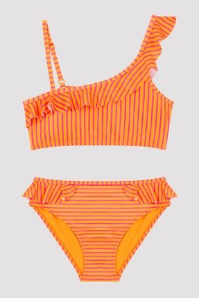 Çok Renkli Kız Çocuk Stripe Frill One Shoulder Bikini Set PL68744B22IY-MIX