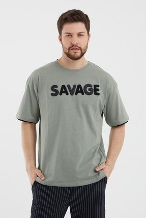 Erkek Haki Cırt Detaylı Kısa Kollu Oversize T-shirt SAVAGETST
