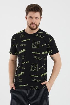 Erkek Siyah Neon Baskılı Regular Fit Bisiklet Yaka T-shirt MENTARZTST