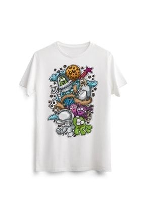Unisex Erkek Kadın Astronot Uzay Galaksi Doodle Baskılı Tasarım Siyah Tişört Tshirt T-shirt LAC0082