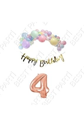 Happy Bırthday Gold Yazılı Kaligrafi Banner Makaron Balon Seti 4 Yaş Rose Gold Set Doğum Günü TPKT000003954-1