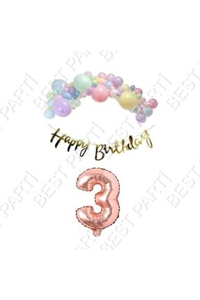 Happy Bırthday Gold Yazılı Kaligrafi Banner Makaron Balon Seti 3 Yaş Rose Gold Set Doğum Günü TPKT000003954-1