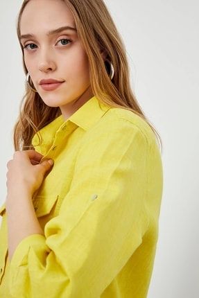 Sarı Düşük Omuz Oversize Uzun Kollu Kadın Keten Gömlek 50-A026-2