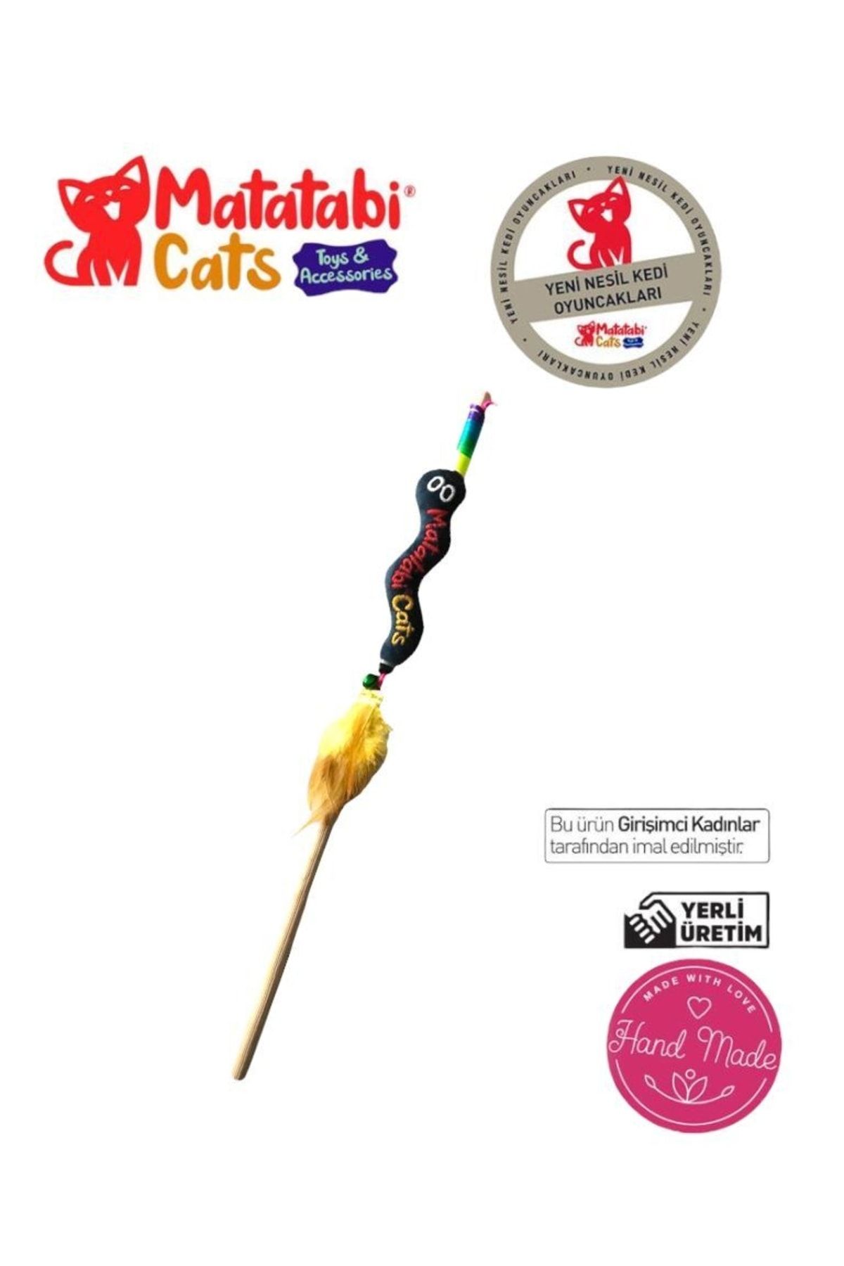 MATATABİ CATS Wormy Wooden Handled Cat Fishing Rod with Plush Cat