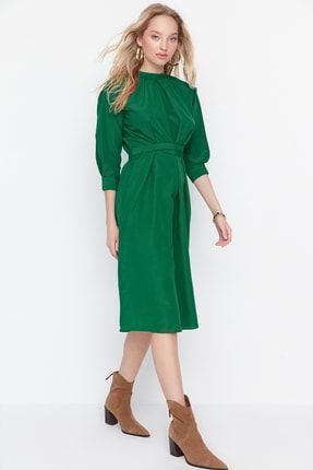 Zümrüt Yeşili Büzgü Detaylı Elbise TWOAW23EL00217