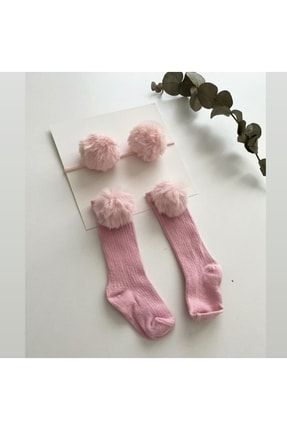 Kız Bebek Ponponlu Çorap Bandana Set Pembe Erdo10041