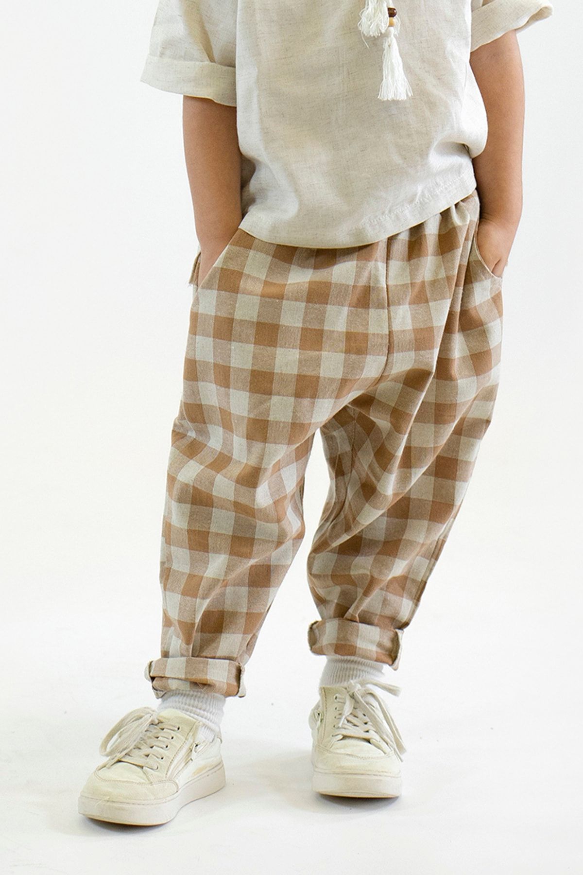 Catz Kids-Carrot Trousers Mink Cream Plaid Linen 1